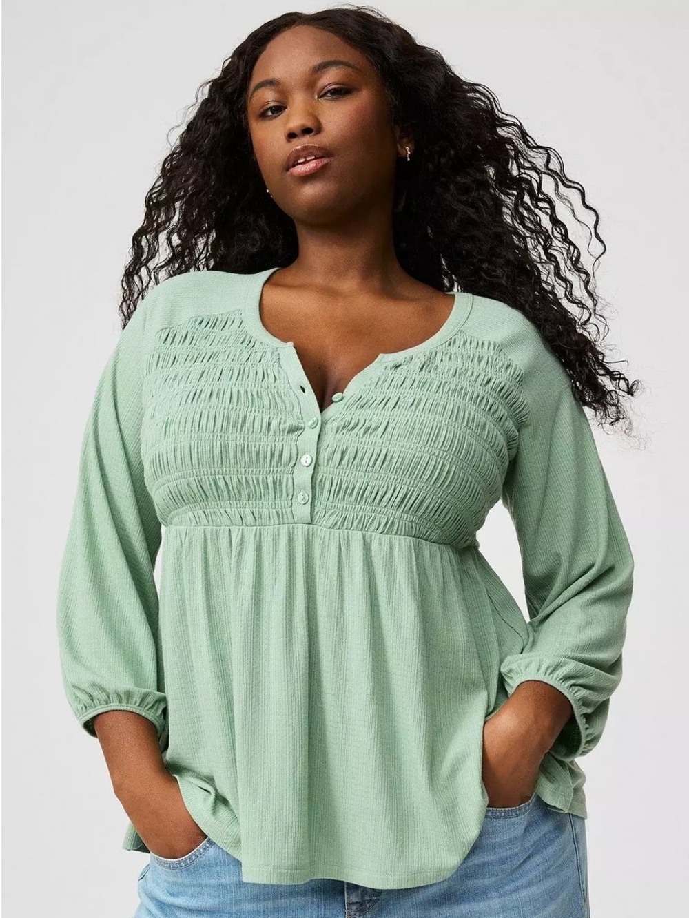 Torrid Smocked Peasant Blouse Henley Babydoll Top Sage Granite Green Size M 00